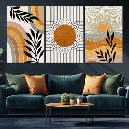 44668-MGV-CV-60X30-3P-Mid Century Modern Wall Art – Abstract Sun and Rainbow Canvas Print, Minimalist Geometric Boho Decor for Living Room, Bedroom or
