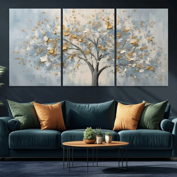 65811-MGV-CV-36X24-Abstract Tree Wall Art – Textured Canvas Painting with Gold and White Leaves, Modern Nature Inspired Decor for Living Room or