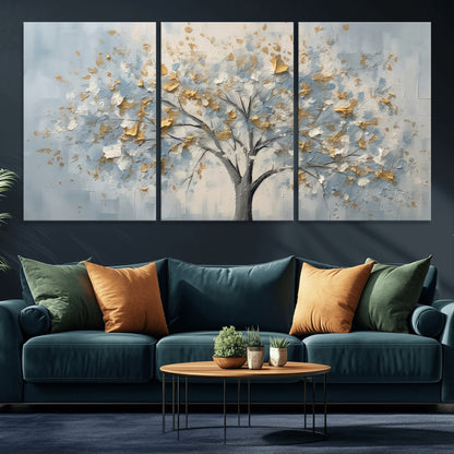 65811-MGV-CV-36X24-Abstract Tree Wall Art – Textured Canvas Painting with Gold and White Leaves, Modern Nature Inspired Decor for Living Room or