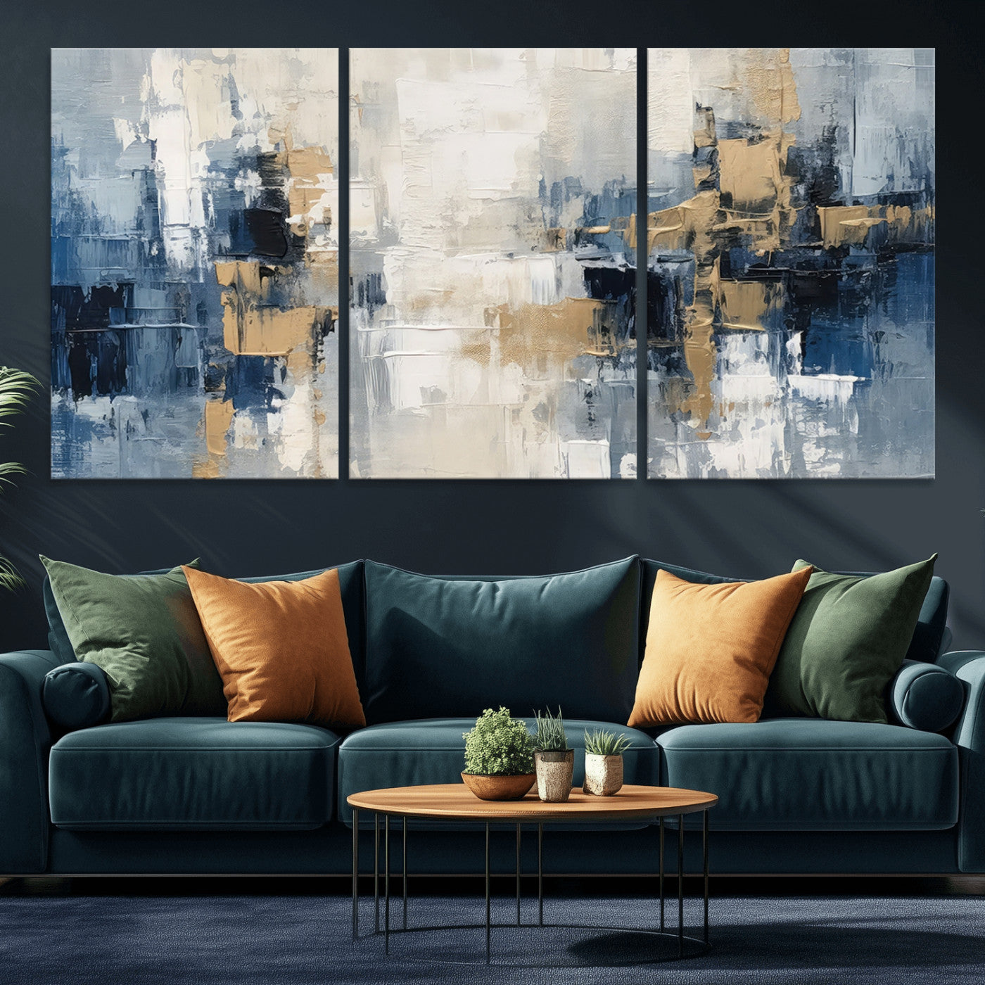 44344-MGV-CV-36X24-Abstract Blue and Gold Wall Art – Modern Hand Painted Canvas Print, Contemporary Textured Painting for Living Room, Bedroom or