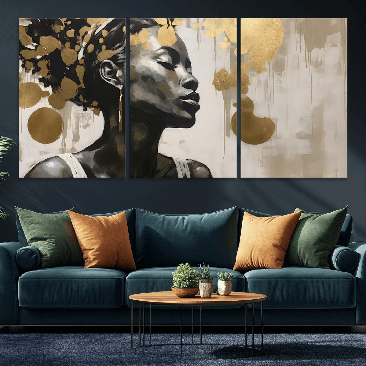 65669-MGV-CV-36X24-Elegant Black Woman Wall Art – Modern Abstract Portrait Canvas with Gold Accents, Contemporary Afrocentric Decor for Living Room