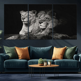 80013-MGV-CV-36X24-Lion and Lioness Wall Art – Black and White Wildlife Photography Canvas Print, African Safari Animal Decor for Office, Bedroom, or