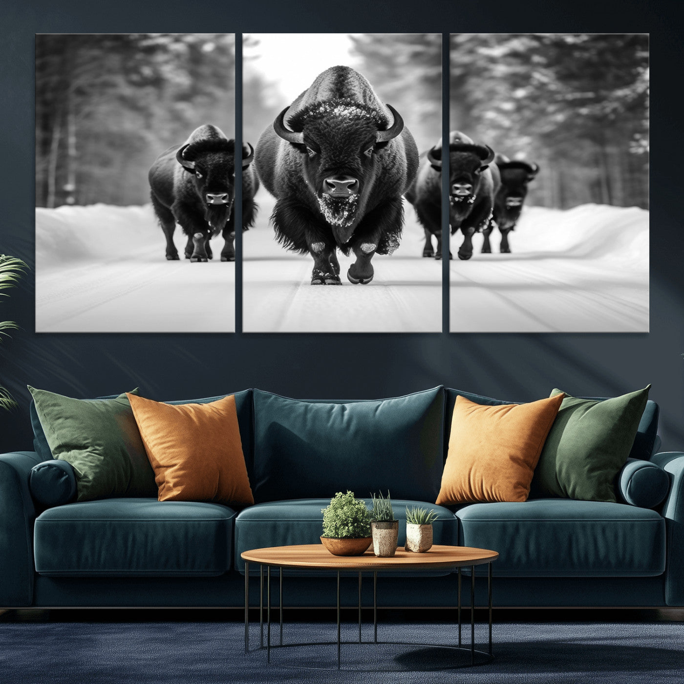 45287-MGV-CV-36X24-Bison Herd Wall Art – Black and White Buffalo Snow Road Canvas Print, Rustic Wildlife Decor for Cabin, Lodge or Living Room