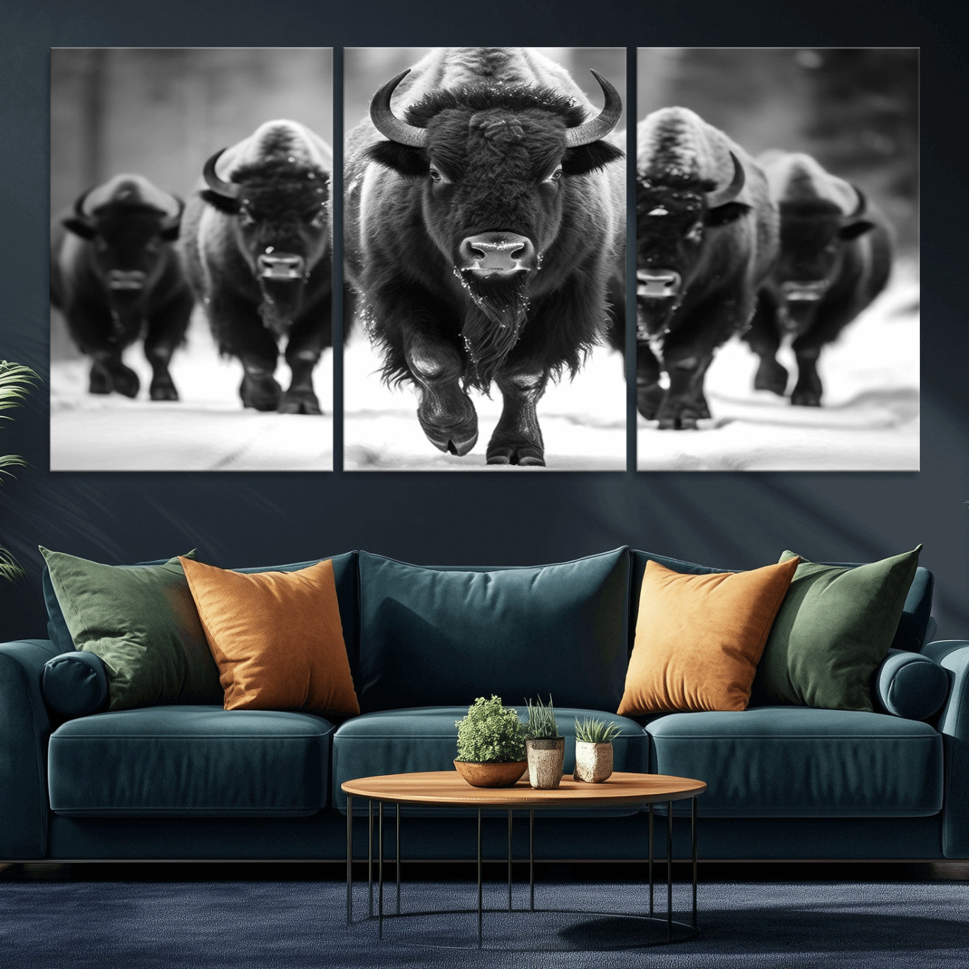 79872-MGV-CV-36X24-Bison Herd Wall Art – Black and White Buffalo on Snow Canvas Print, Rustic Wildlife Decor for Lodge, Cabin, or Living Room