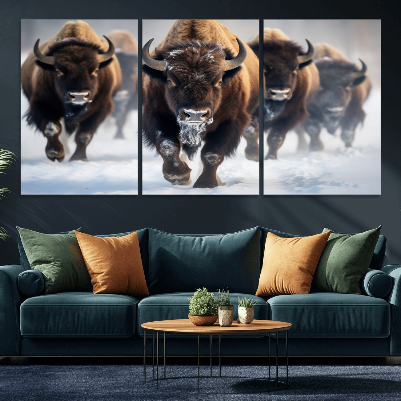 80512-MGV-CV-36X24-Bison Herd Wall Art – Buffalo Running in Snow Canvas Print, Rustic Wildlife Photography Decor for Cabin, Lodge, or Living Room