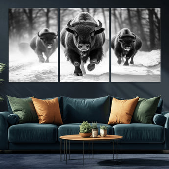 97552-MGV-CV-36X24-Black and White Bison Wall Art – Buffalo Herd Running in Snow Canvas Print, Rustic Wildlife Photography Decor for Cabin, Lodge, or