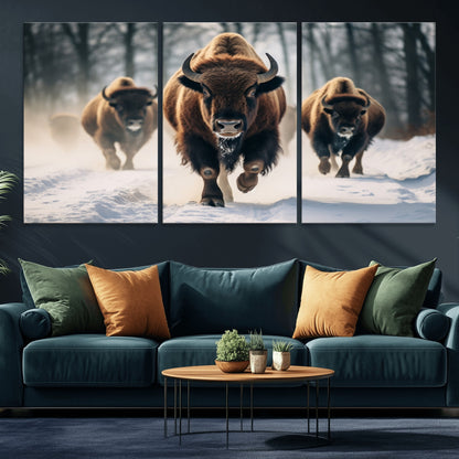 56549-MGV-CV-36X24-Wild Bison Wall Art – Majestic Buffalo Herd Running in Snow Canvas Print, Rustic Wildlife Photography Decor for Cabin, Lodge, or
