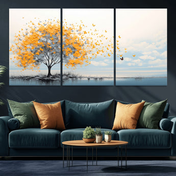 23385-MGV-CV-36X24-Golden Butterfly Tree Wall Art – Abstract Yellow and Gray Canvas Print, Modern Nature Artwork for Living Room, Bedroom or Office