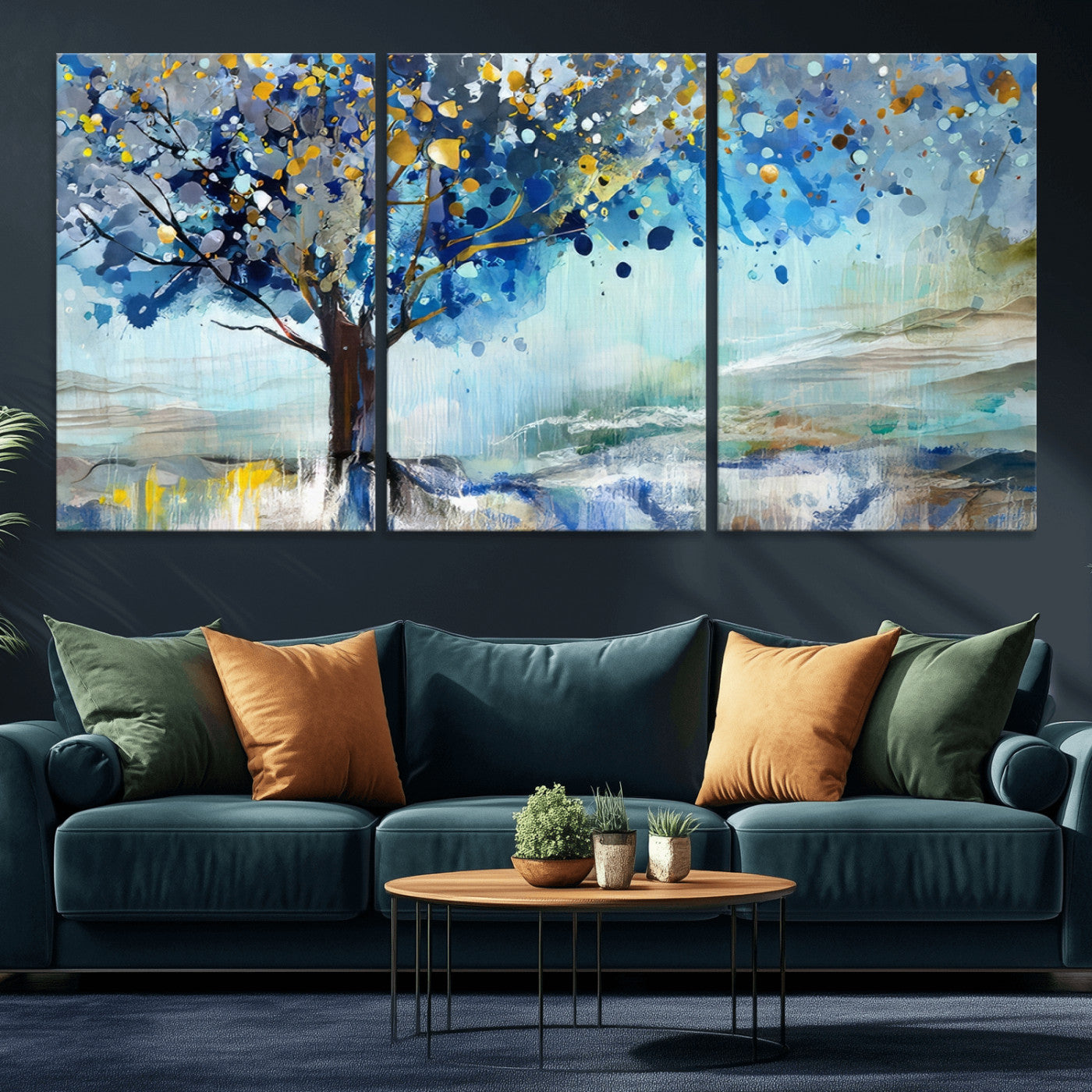 17018-MGV-CV-36X24-Abstract Blue Tree Wall Art – Colorful Canvas Painting with Gold and Silver Accents, Modern Nature Artwork for Living Room,