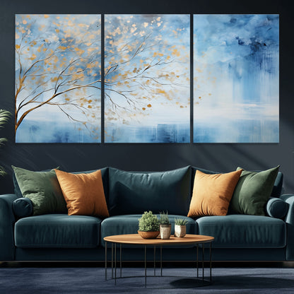 23891-MGV-CV-36X24-Abstract Tree Wall Art – Minimalist Blue and Gold Canvas Painting, Elegant Nature-Inspired Artwork for Living Room, Bedroom or