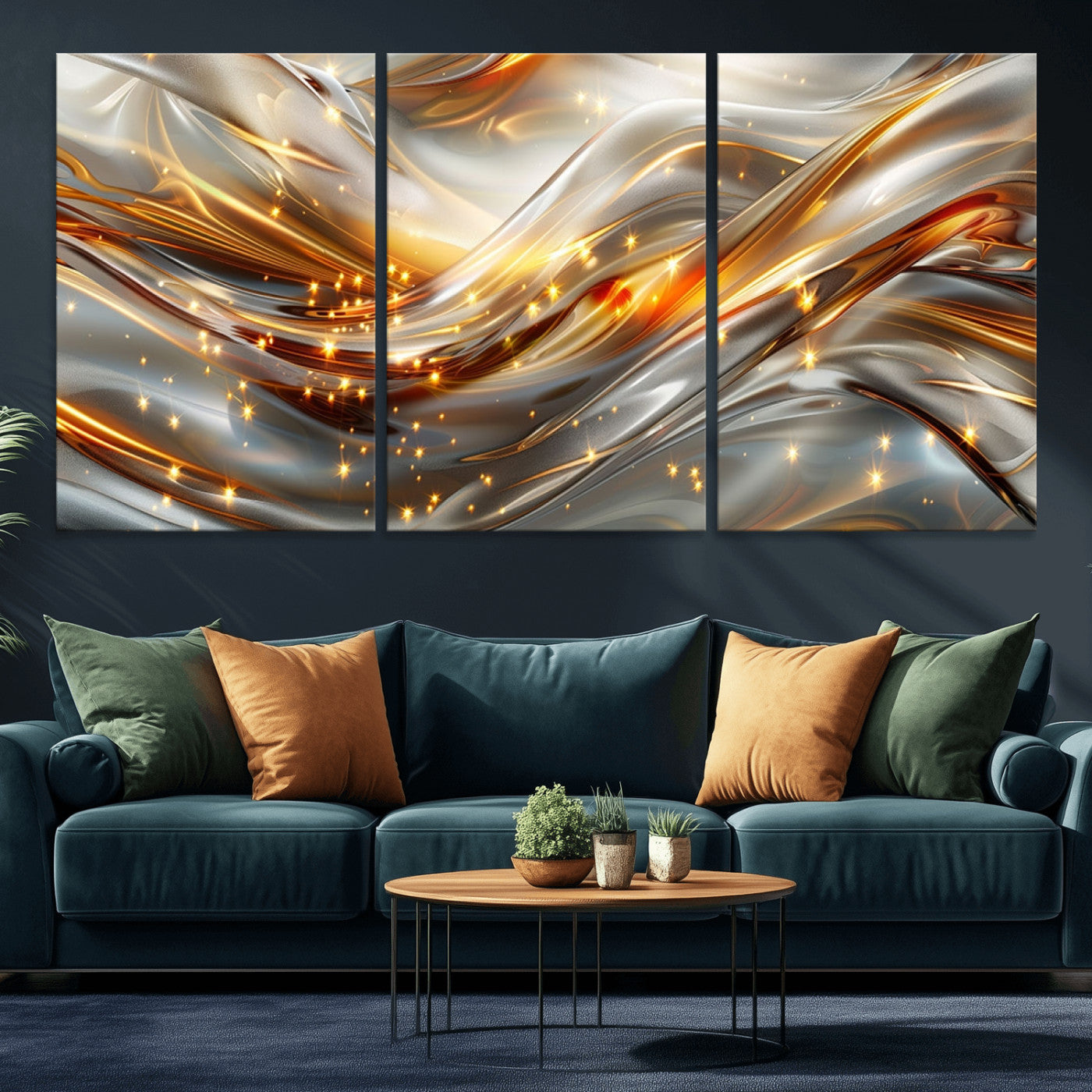 Lines1-MGV-CV-36X24-Abstract Metallic Wall Art – Silver and Gold Wave Canvas Print with Sparkling Accents, Modern Luxury Decor for Living Room, Office