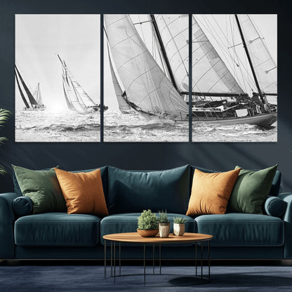 Boat-1-MGV-CV-36X24-Sailboat Racing Wall Art – Nautical Black and White Canvas Print, Ocean Adventure Decor for Office, Living Room or Bedroom