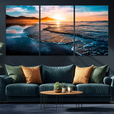26494-MGV-CV-36X24-Ocean Sunset Wall Art – Scenic Beach Canvas Print with Waves and Mountains, Coastal Seascape Photography for Living Room, Bedroom