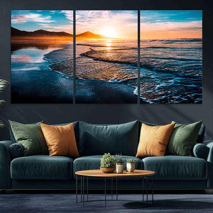 26494-MGV-CV-36X24-Ocean Sunset Wall Art – Scenic Beach Canvas Print with Waves and Mountains, Coastal Seascape Photography for Living Room, Bedroom
