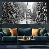 19240-MGV-CV-36X24-Ski Lift Wall Art – Black and White Winter Mountain Canvas Print, Snowy Forest Ski Resort Photography for Cabin, Lodge, Office or