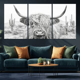 94579-MGV-CV-36X24-Highland Cow Wall Art – Black and White Longhorn Canvas Print, Rustic Western Farmhouse Animal Photography for Living Room,