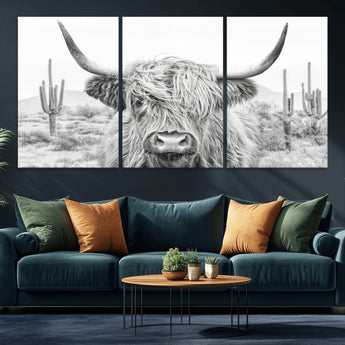 94579-MGV-CV-36X24-Highland Cow Wall Art – Black and White Longhorn Canvas Print, Rustic Western Farmhouse Animal Photography for Living Room,