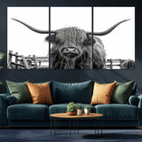 58188-MGV-CV-36X24-Highland Cow Wall Art – Black and White Rustic Farmhouse Canvas Print, Longhorn Cattle Photography Decor for Living Room or