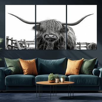 58188-MGV-CV-36X24-Highland Cow Wall Art – Black and White Rustic Farmhouse Canvas Print, Longhorn Cattle Photography Decor for Living Room or