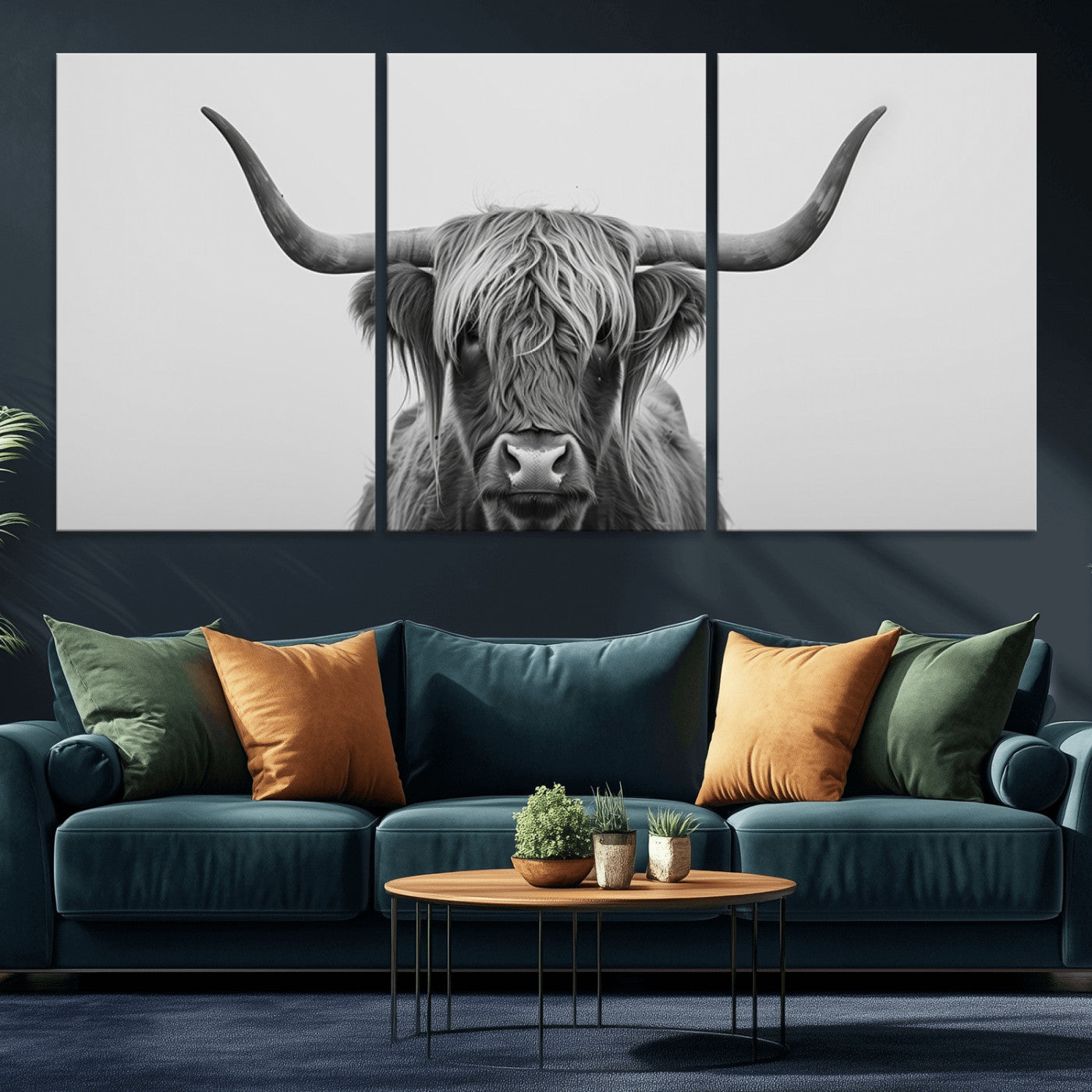 35820-MGV-CV-36X24-Minimalist Highland Cow Wall Art – Black and White Longhorn Cattle Canvas Print, Modern Farmhouse Animal Photography Decor for