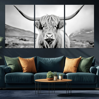 80564-MGV-CV-36X24-Highland Cow Wall Art – Black and White Scottish Highland Canvas Print, Rustic Farmhouse Decor for Living Room, Bedroom or Office