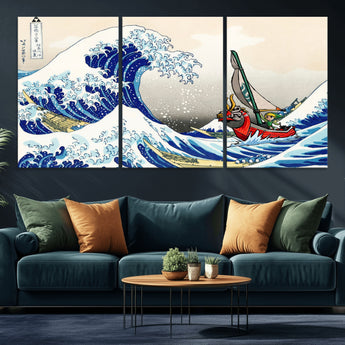19450-MGV-CV-36X24-Great Wave Adventure Wall Art – Japanese Style Ocean Canvas Print, Fantasy Sailing Decor for Living Room, Bedroom or Office
