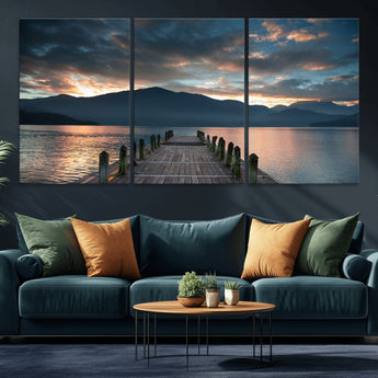 20442-MGV-CV-36X24-Lakeside Sunset Dock Wall Art – Peaceful Mountain Lake Canvas Print, Serene Nature Landscape Decor for Living Room, Bedroom or