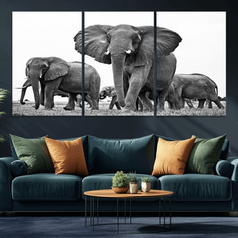 91685-MGV-CV-36X24-Elephant Herd Wall Art – Black and White Safari Canvas Print, African Wildlife Photography Decor for Living Room, Office or