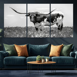 94709-MGV-CV-36X24-Texas Longhorn Wall Art – Black and White Bull Photography Canvas Print, Western Farmhouse Wall Decor for Living Room, Office or