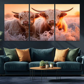 68253-MGV-CV-36X24-Highland Cow Wall Art – Rustic Farmhouse Cattle Canvas Print, Frosty Sunset Animal Artwork for Living Room, Bedroom or Country