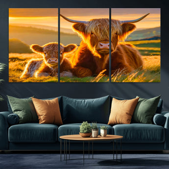 20567-MGV-CV-36X24-Highland Cow and Calf Wall Art – Rustic Farmhouse Sunset Cattle Canvas Print, Country Animal Artwork for Living Room, Bedroom, or