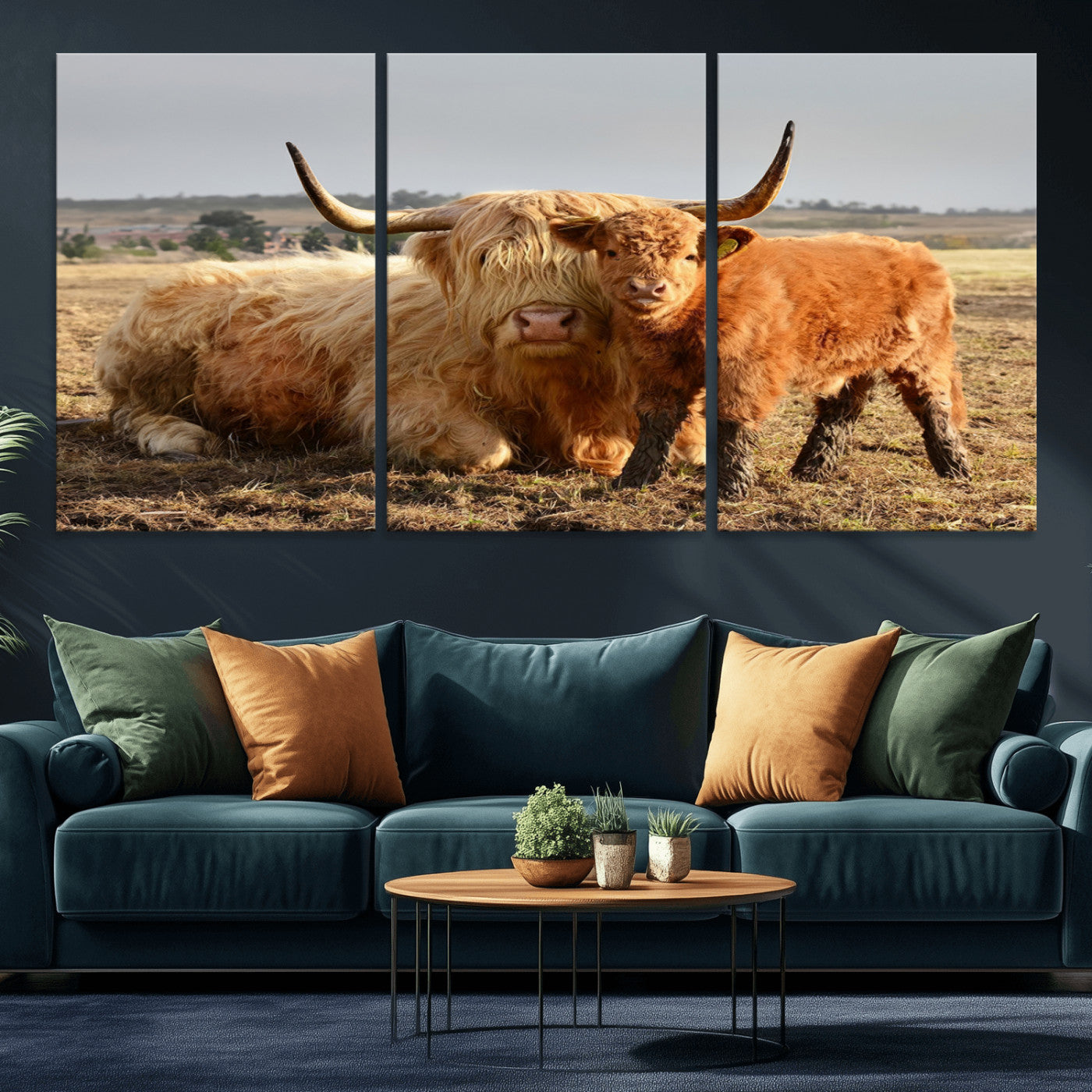 53461-MGV-CV-36X24-Highland Cow Family Wall Art – Rustic Farmhouse Animal Canvas Print, Country Decor for Living Room, Bedroom or Office, Calf and