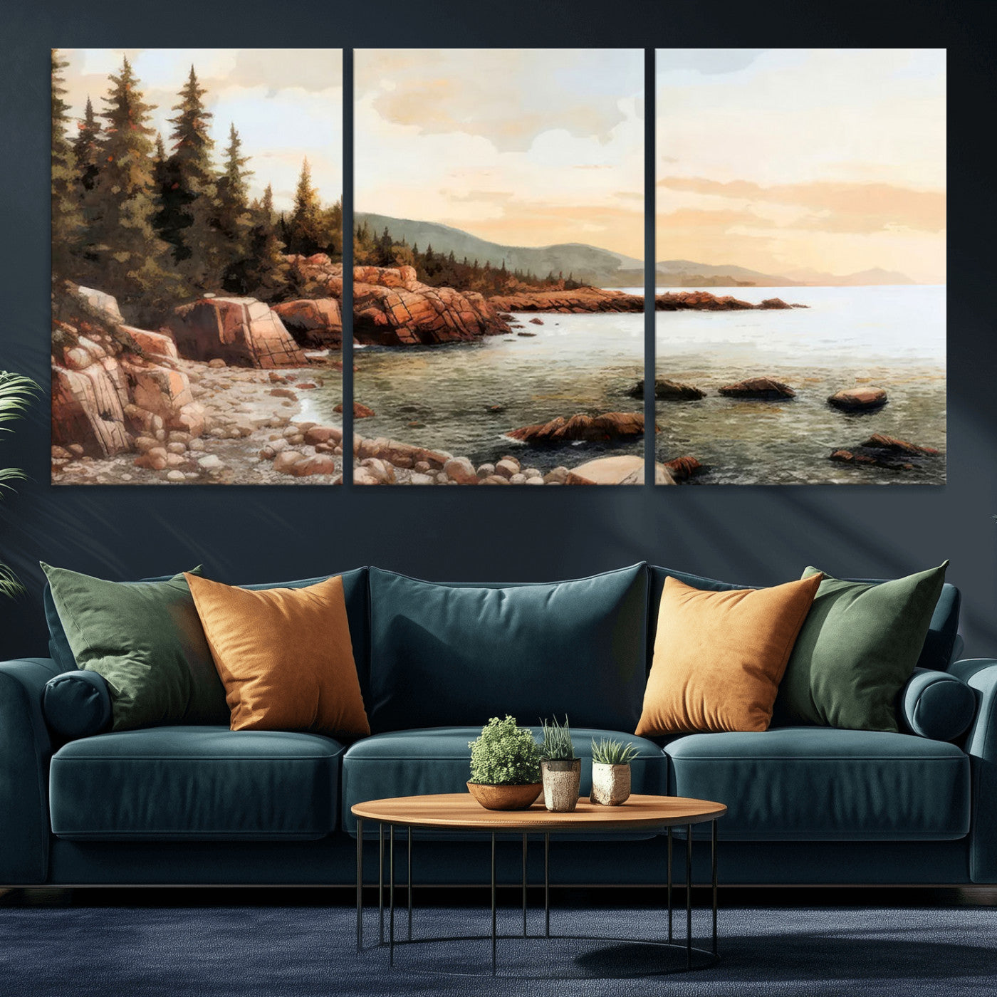 77145-MGV-CV-36X24-Coastal Landscape Wall Art – Panoramic Rocky Shoreline and Pine Trees Canvas Print, Rustic Nature Decor for Cabin, Lodge, Office,