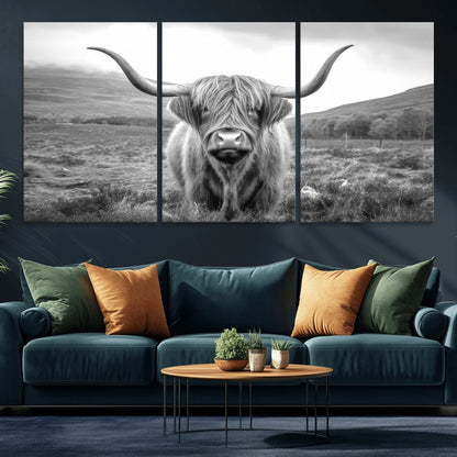 52903-MGV-CV-36X24-Highland Cow Wall Art – Black and White Canvas Print Rustic Cattle Portrait, Farmhouse Country Decor for Living Room, Office,