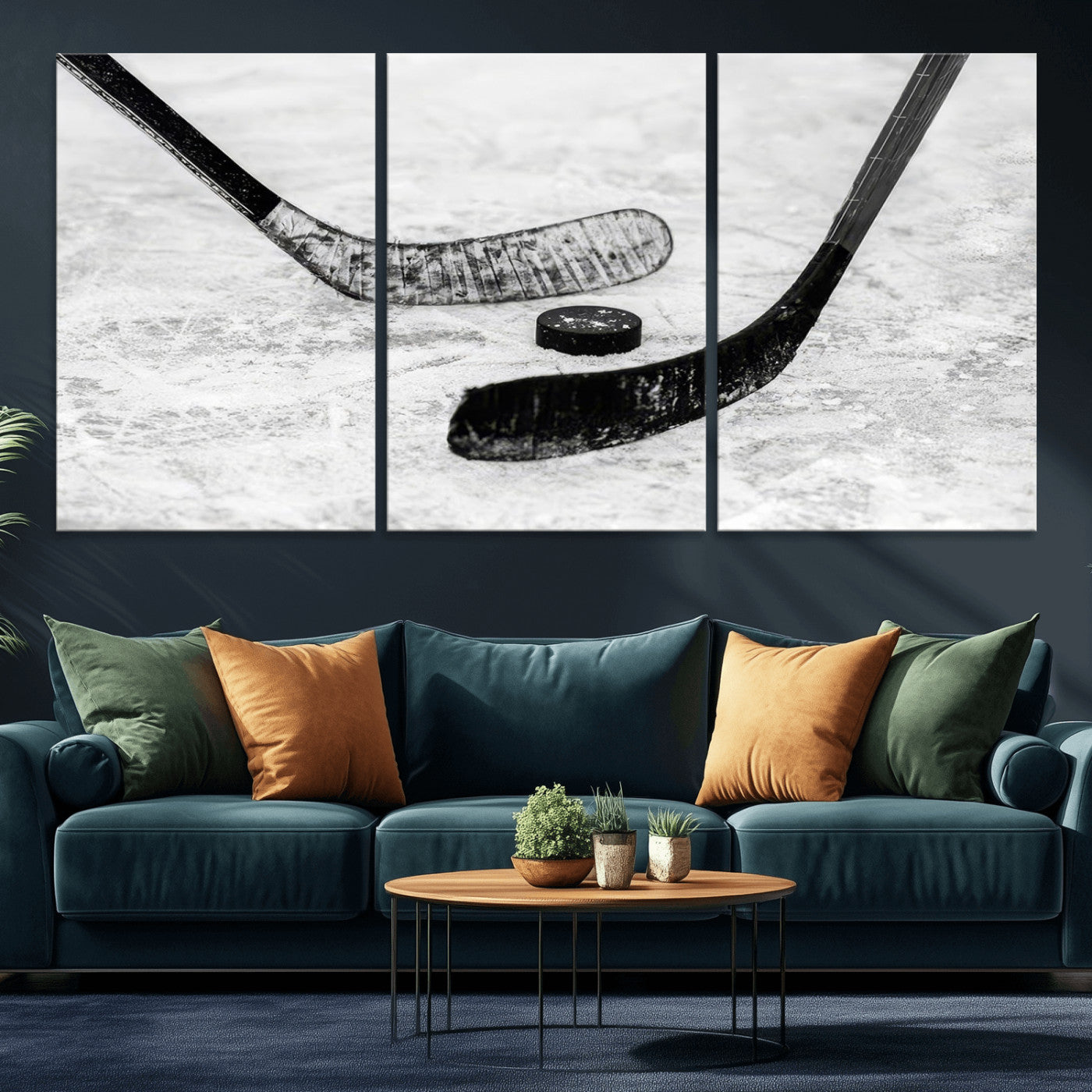 82900-MGV-CV-60X30-3P-Hockey Wall Art – Black and White Canvas Print Ice Rink Sticks Puck Sports Photography, Modern Decor for Game Room, Man Cave,