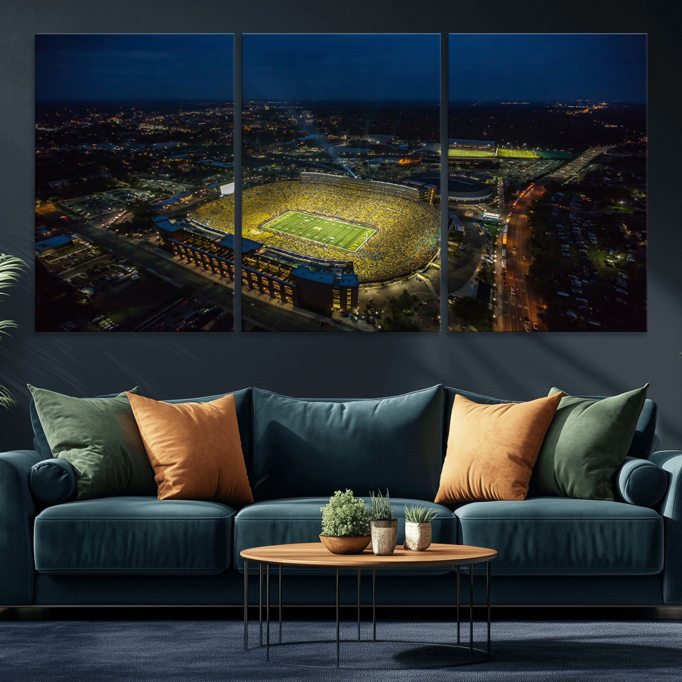 33588-MGV-CV-36X24-Football Stadium Wall Art – Aerial Night Game Canvas Print Packed Field City Lights, Sports Photography Decor for Game Room, Man