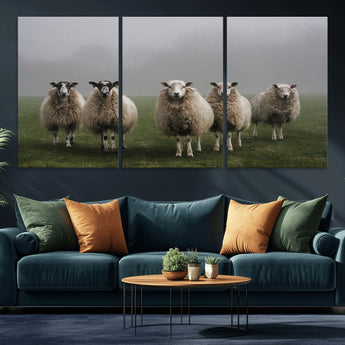 87339-MGV-CV-36X24-Sheep Wall Art – Rustic Farmhouse Canvas Print Flock Standing Misty Field Countryside Photography, Country Animal Decor for Living