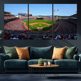 90998-MGV-CV-36X24-Baseball Stadium Wall Art – Canvas Print Day Game Field Packed Crowd Bright Blue Sky Sports Photography, Classic Decor for Game