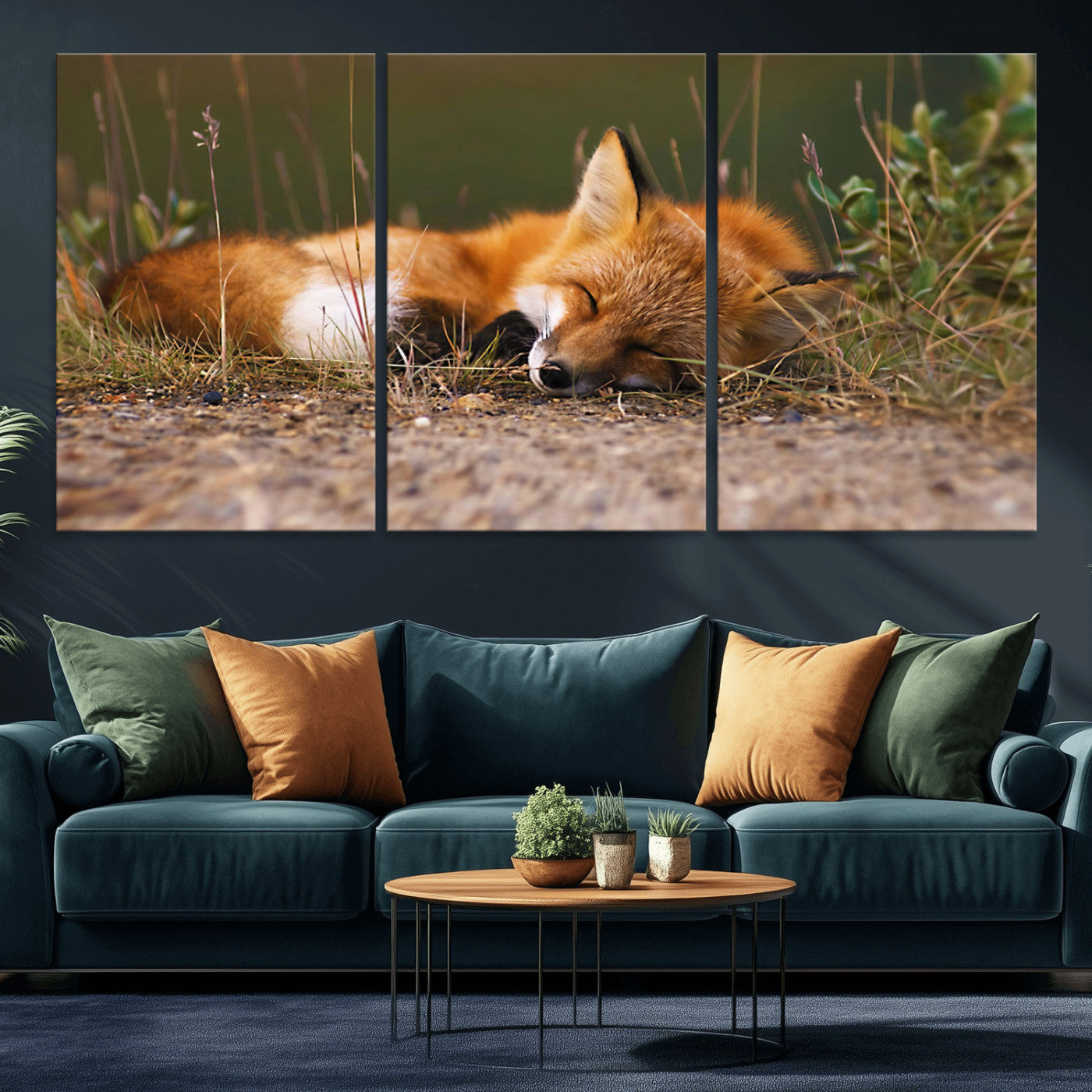 25085-MGV-CV-36X24-Sleeping Fox Wall Art Canvas Print, Framed Rustic Fox Art Picture Print, Wildlife Animal Perfect Rustic Farmhouse Decor Artwork