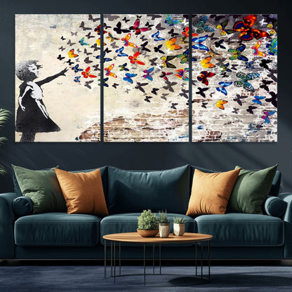 97895-MGV-CV-36X24-Girl with Butterflies Wall Art – Colorful Street Art Style Canvas Print, Modern Graffiti-Inspired Butterfly Artwork for Living