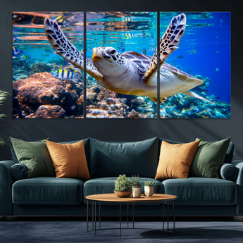 12683-MGV-CV-36X24-Sea Turtle Wall Art – Graceful Ocean Canvas Print with Coral Reef and Tropical Fish, Coastal Marine Life Decor for Beach House,