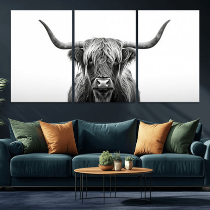 49556-MGV-CV-36X24-Highland Cow Wall Art – Black and White Scottish Highland Cattle Print, Rustic Farmhouse Minimalist Animal Portrait Canvas for
