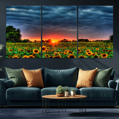 45045-MGV-CV-36X24-Sunflower Field Sunset Wall Art – Dramatic Stormy Sky Landscape Print, Vibrant Yellow Floral Nature Canvas for Living Room,