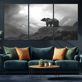 49504-MGV-CV-36X24-Black and White Grizzly Bear Wall Art – Wilderness Wildlife Painting, Rustic Mountain Cabin Decor, Monochrome Animal Print for
