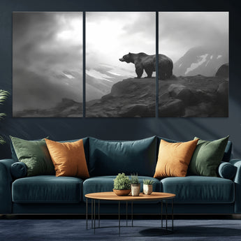 49504-MGV-CV-36X24-Black and White Grizzly Bear Wall Art – Wilderness Wildlife Painting, Rustic Mountain Cabin Decor, Monochrome Animal Print for