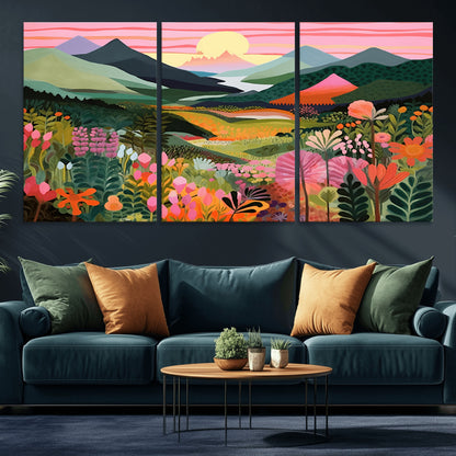 99638-MGV-CV-36X24-Sunset Meadow Wall Art – Panoramic Mountain Landscape with Wildflowers Canvas Print, Vibrant Nature Decor for Living Room, Bedroom