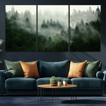 167720496-MGV-CV-36X24-Misty Forest Wall Art – Serene Evergreen Trees Canvas Print, Foggy Mountain Nature Landscape Decor for Bedroom, Living Room or