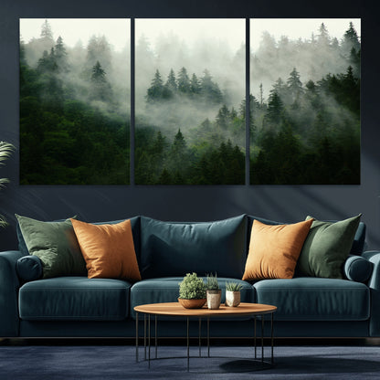 167720496-MGV-CV-36X24-Misty Forest Wall Art – Serene Evergreen Trees Canvas Print, Foggy Mountain Nature Landscape Decor for Bedroom, Living Room or