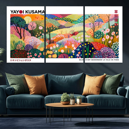 75201-MGV-CV-36X24-Yayoi Kusama Floral Wall Art – Vibrant Abstract Landscape Canvas Print, Modern Pop Art Poster for Living Room, Bedroom, or Gallery