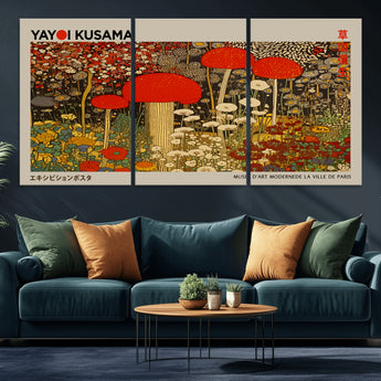 38013-MGV-CV-36X24-Yayoi Kusama Inspired Mushroom Garden Wall Art – Whimsical Botanical Canvas Print, Surreal Nature Poster, Fantasy Floral Artwork